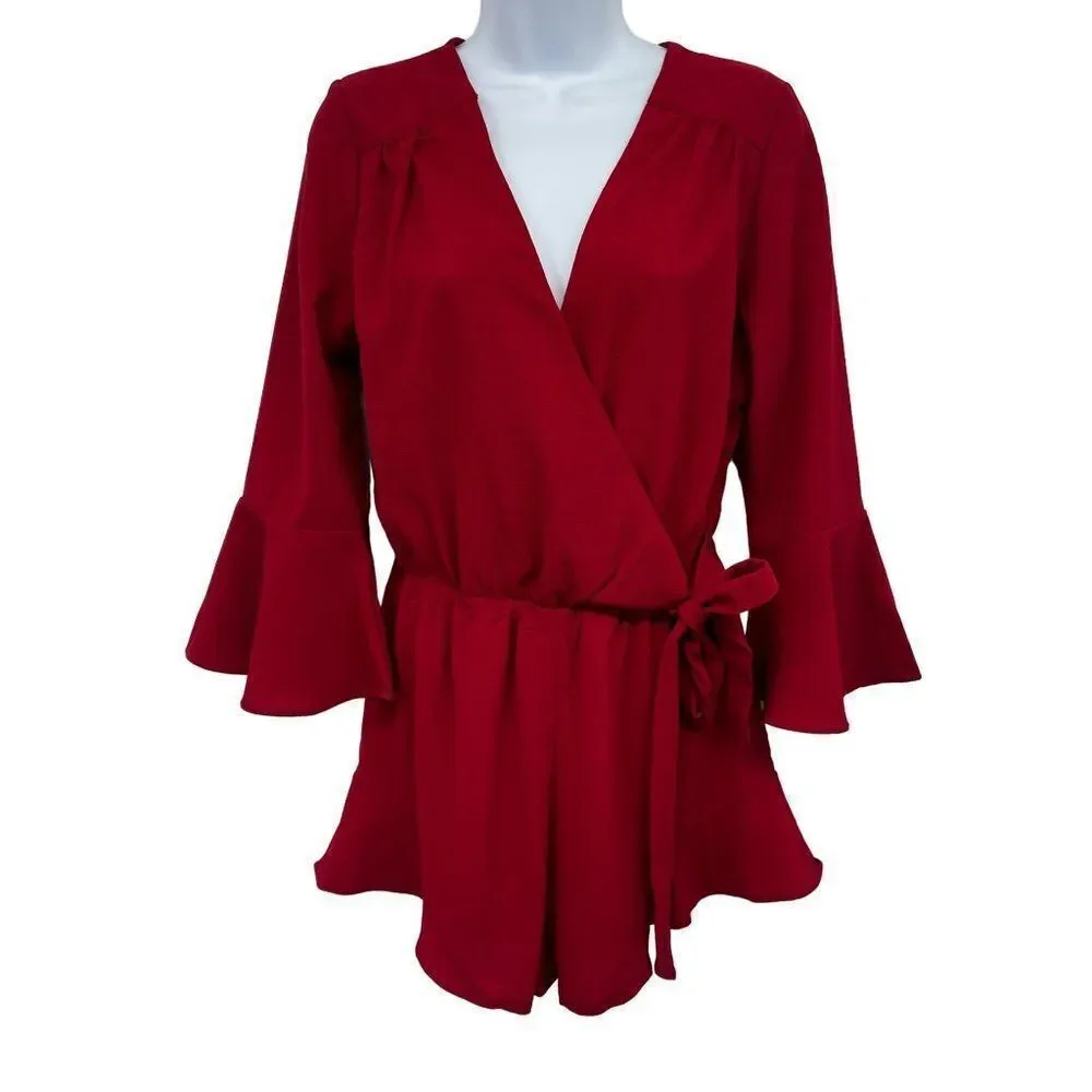 She & Sky Wrap V-Neck Side Tie Red Ruffle Romper Small - Picture 2 of 9